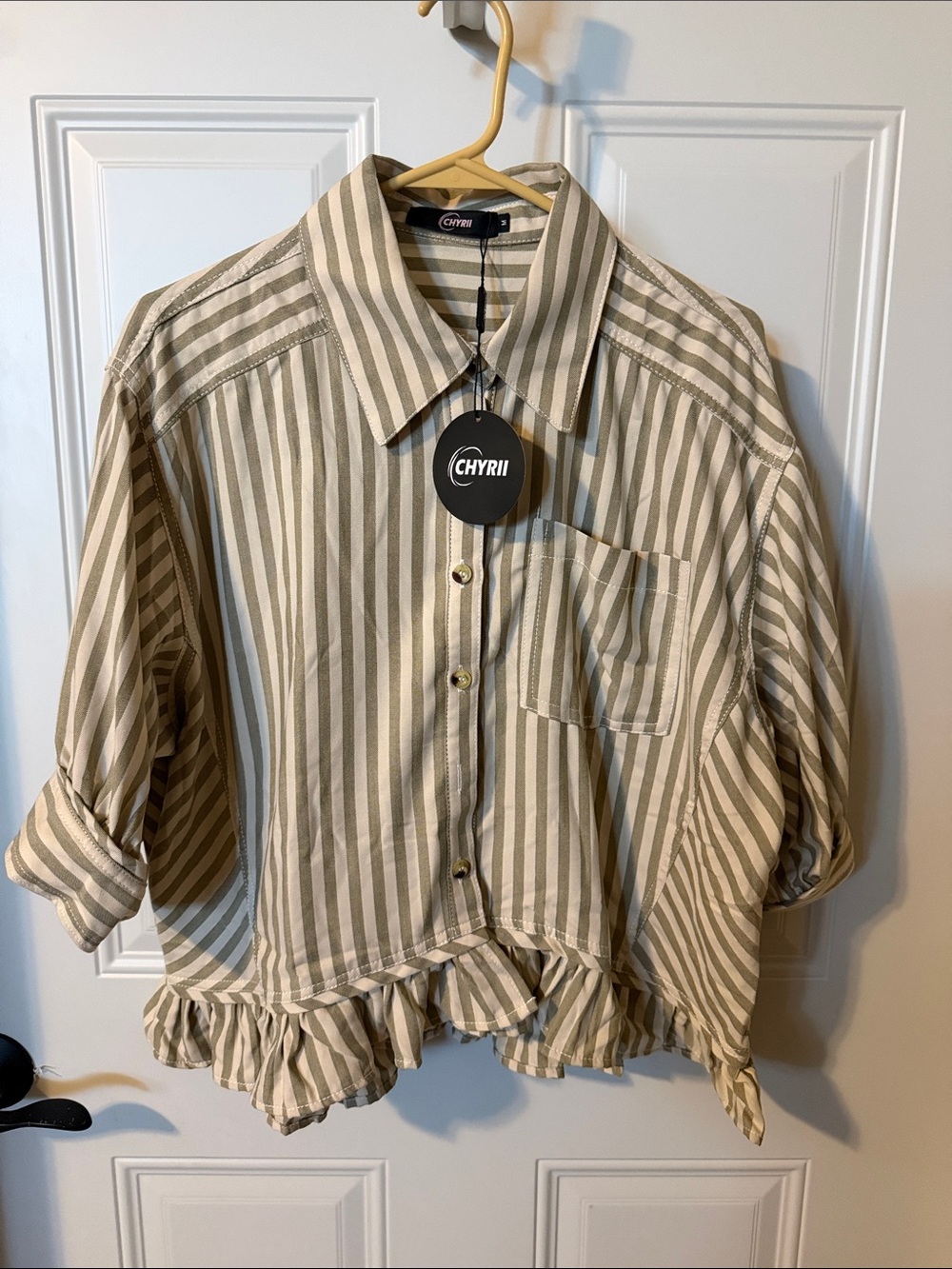 CHYRII Women's Beige & Olive Green Striped Ruffle Hem Button-Down Shirt